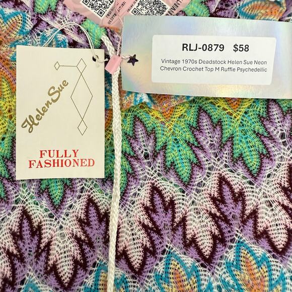 Vintage 1970s Deadstock Helen Sue Neon Chevron Crochet Top M Ruffle Psychedellic - Picture 4 of 5